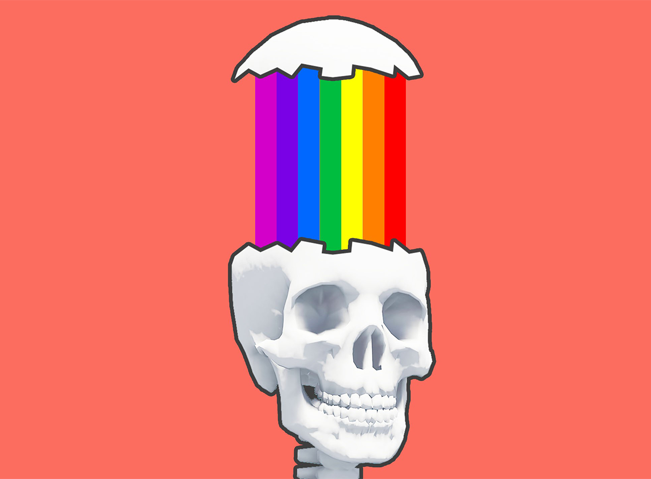 A graphic of a skeleton with a rainbow coming out the top of the head on an orange background.