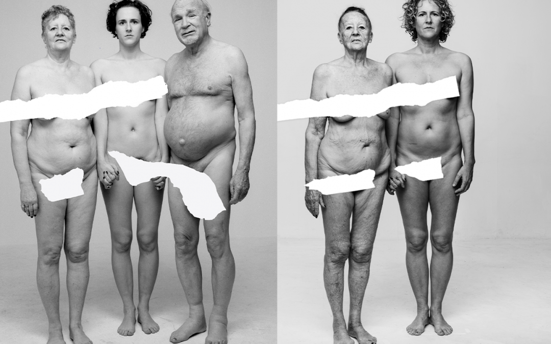 Black and white portraits side by side. A young woman holds hands with her parents, all naked with genitals covered.