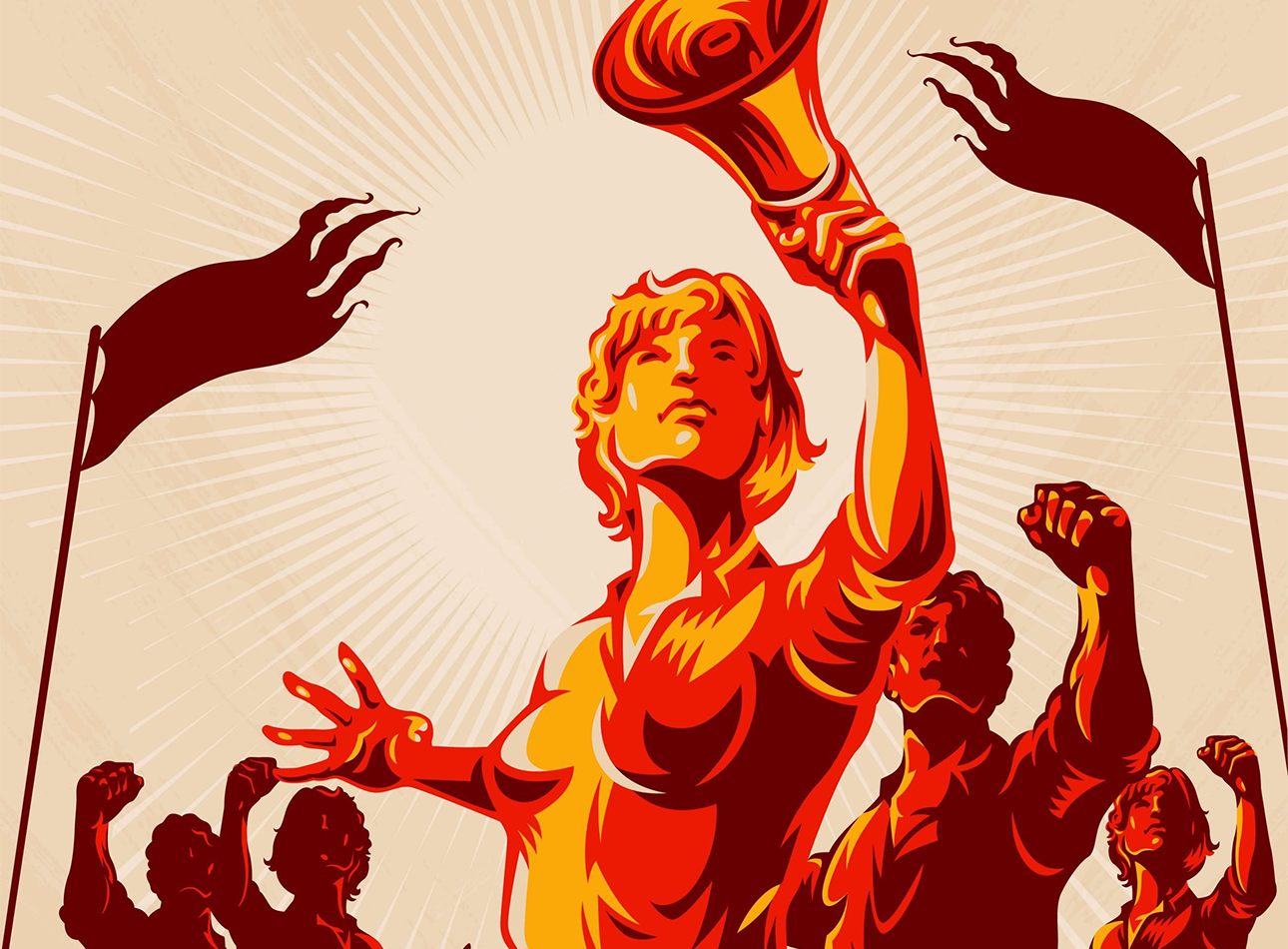 An orange based graphic of a woman leading a march of people, holding a megaphone