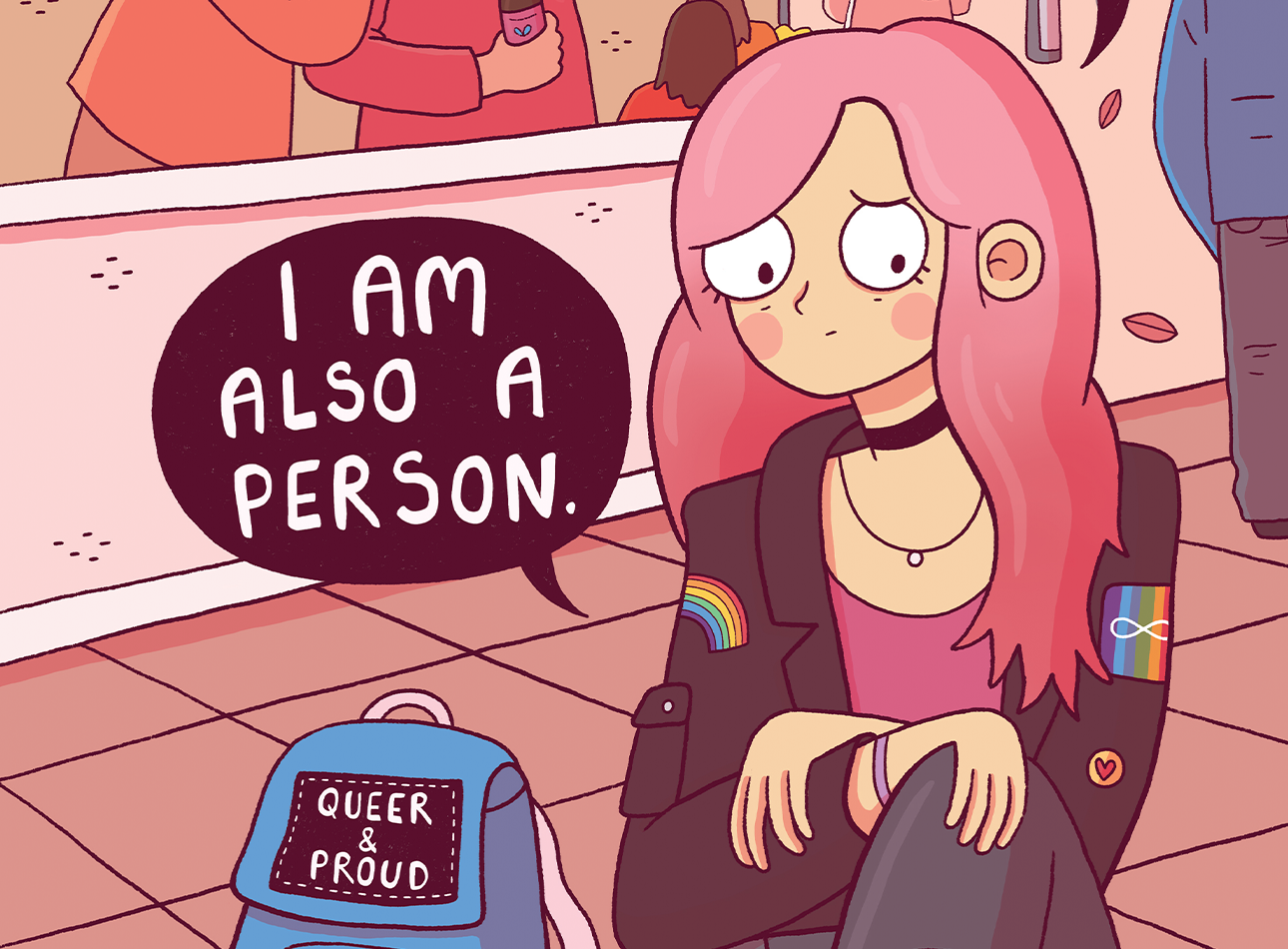 Pink toned graphic that reads 'Yes I am autistic. Yes I am transgender. I am also a person.' The image is of a girl with pink hair looking embarrassed as 2 people whisper behind her.