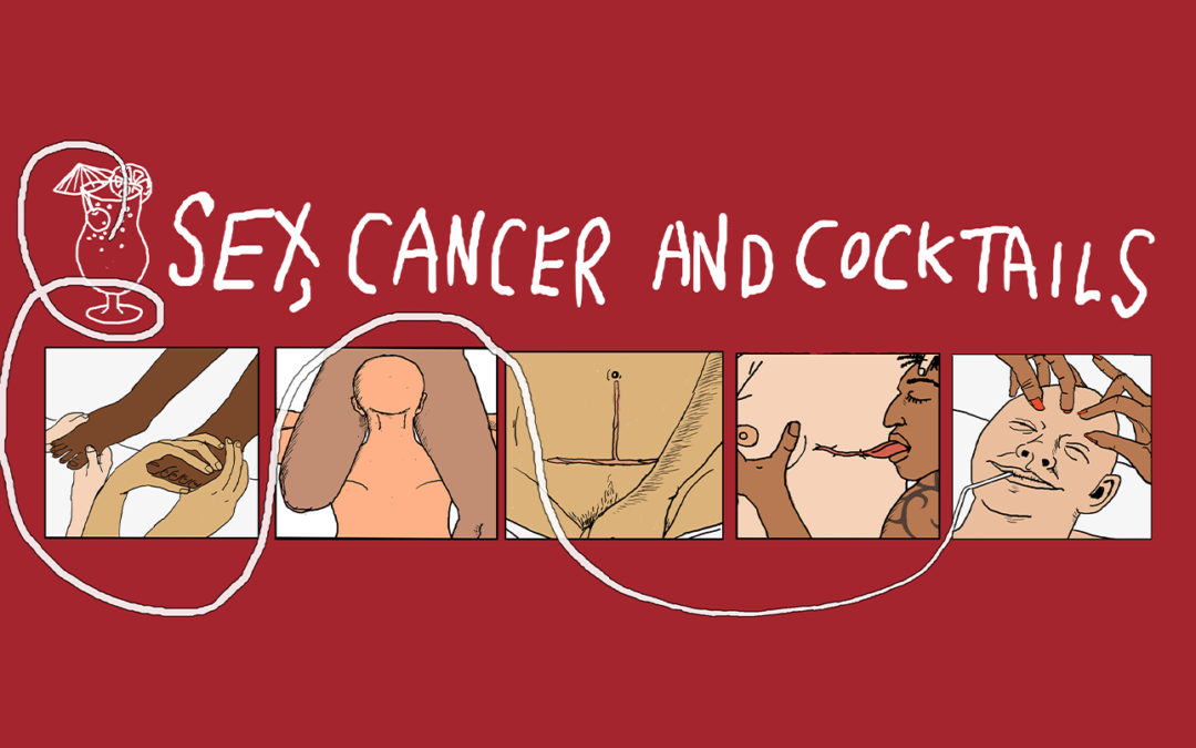 Sex, cancer and cocktails written above animations of sexual acts on red background