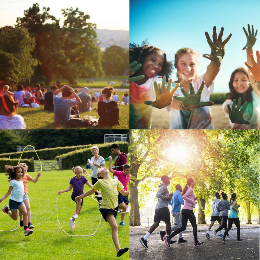 A collage of fun activites happening in a green grassy park 